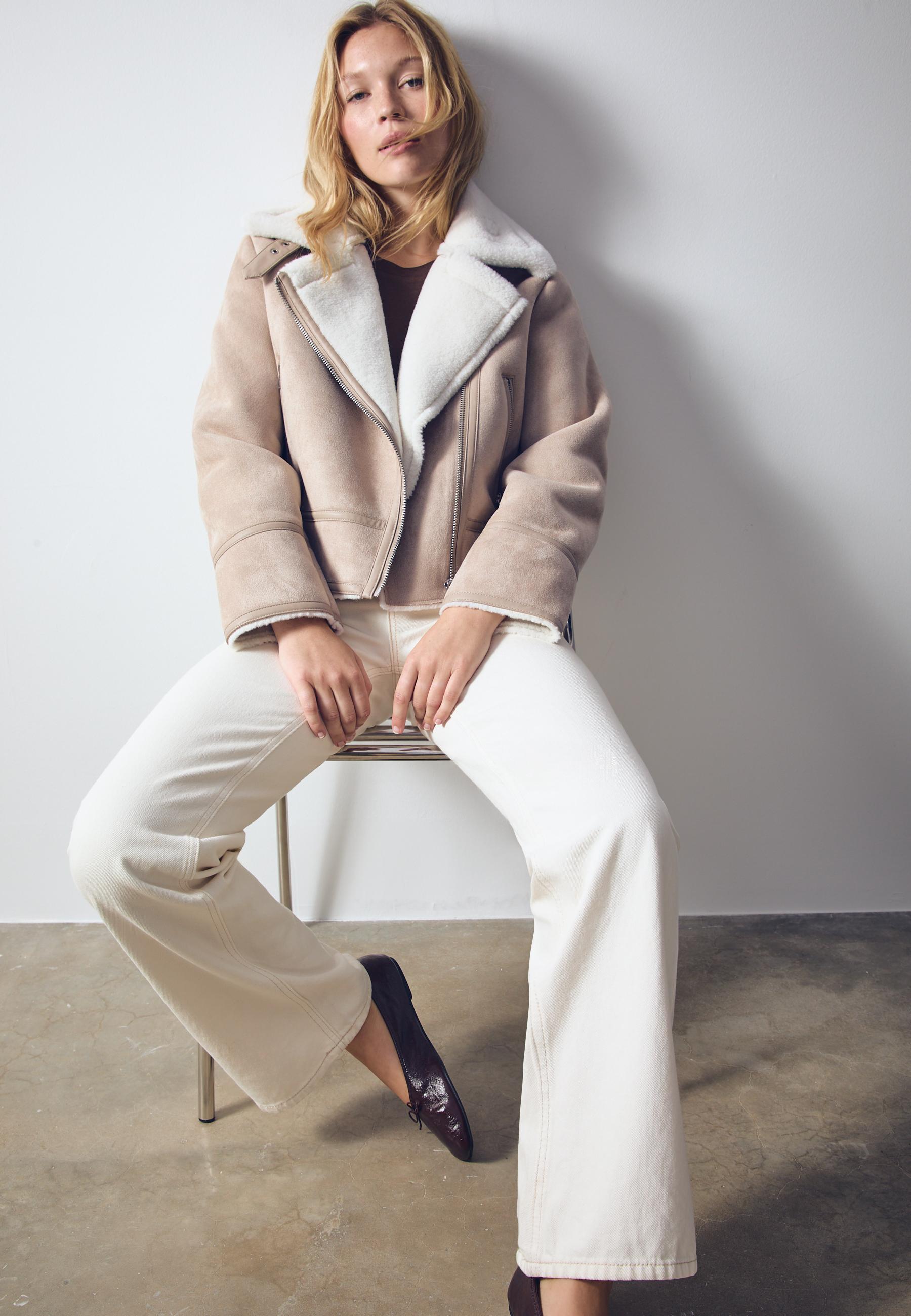Faux suede biker jacket — Ecru