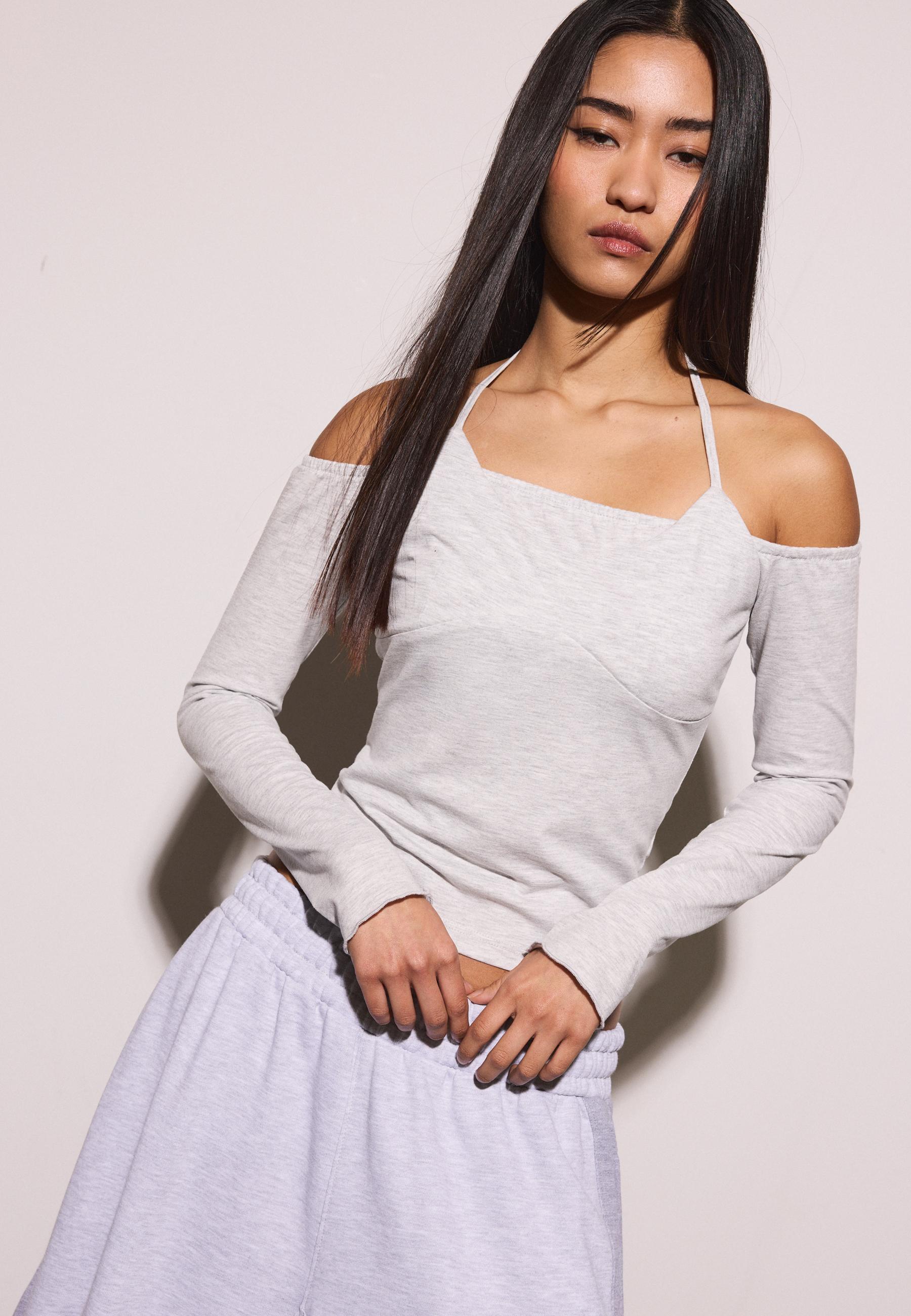 Long sleeve halter neck T-shirt — Grey melange