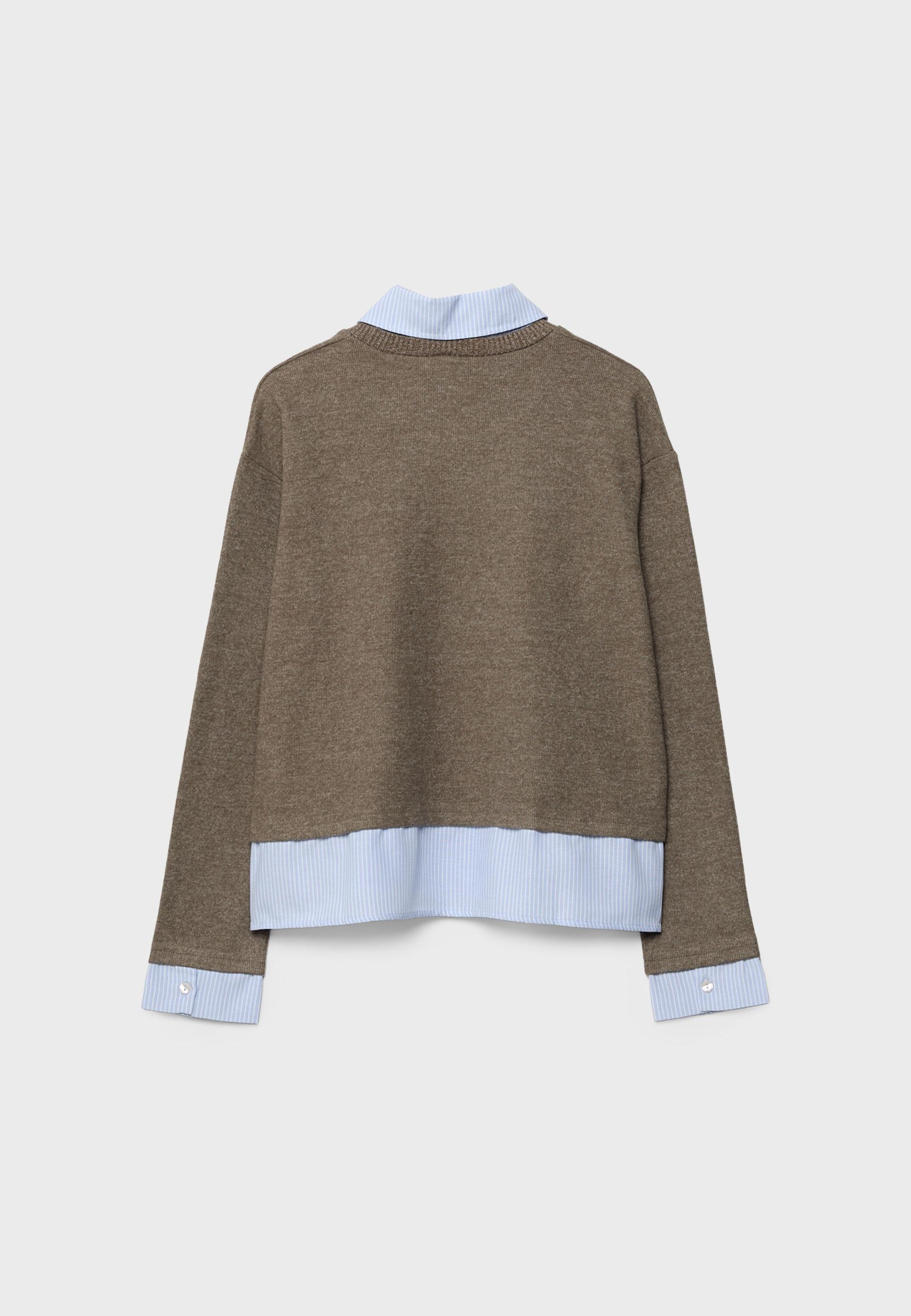 Bi-material knit T-shirt — Brown