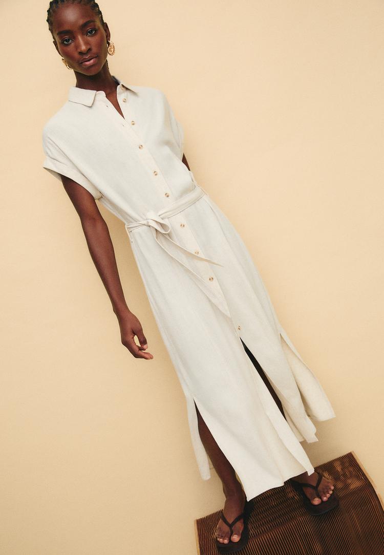 vestido midi camisero con lino