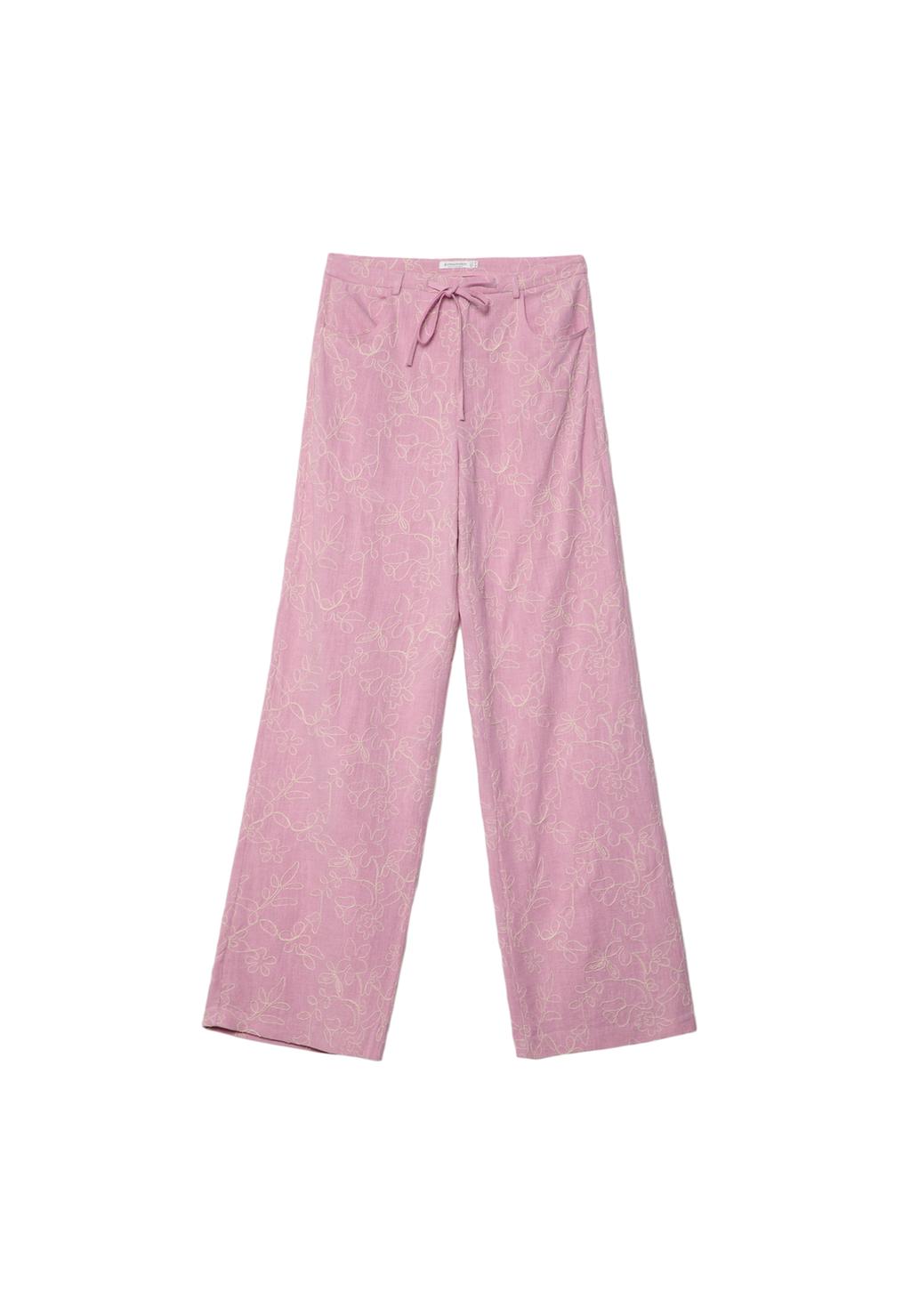Linen blend embroidered straight-leg trousers