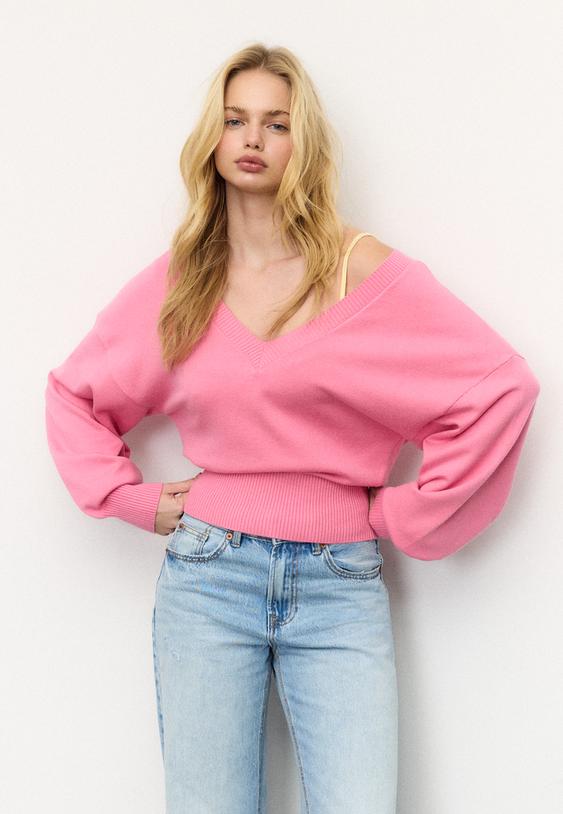 Stradivarius V-Neck Batwing Sleeve Jumper Pink L