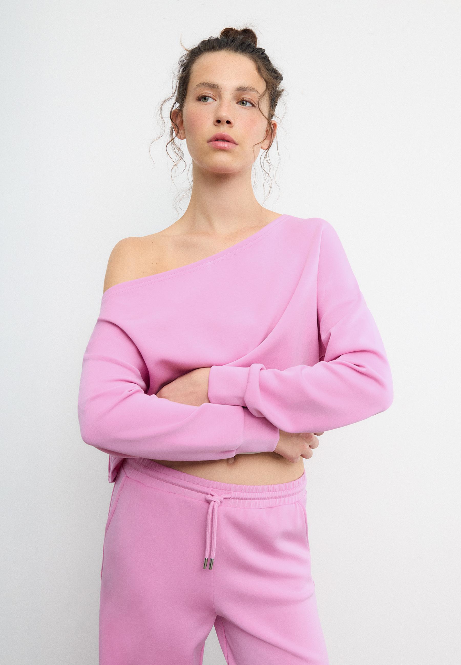 Soft-touch off-the-shoulder sweatshirt — Bubblegum pink