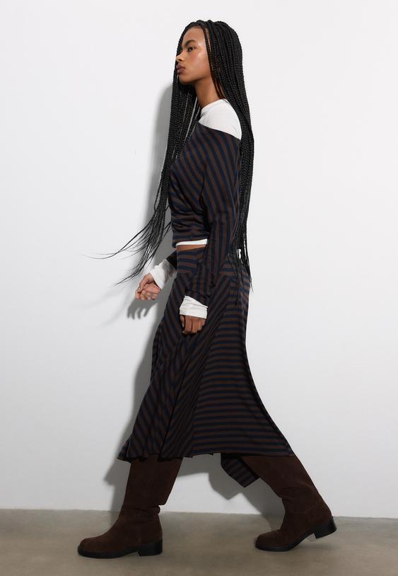 Stradivarius Asymmetric Striped Long Skirt Navy Blue S