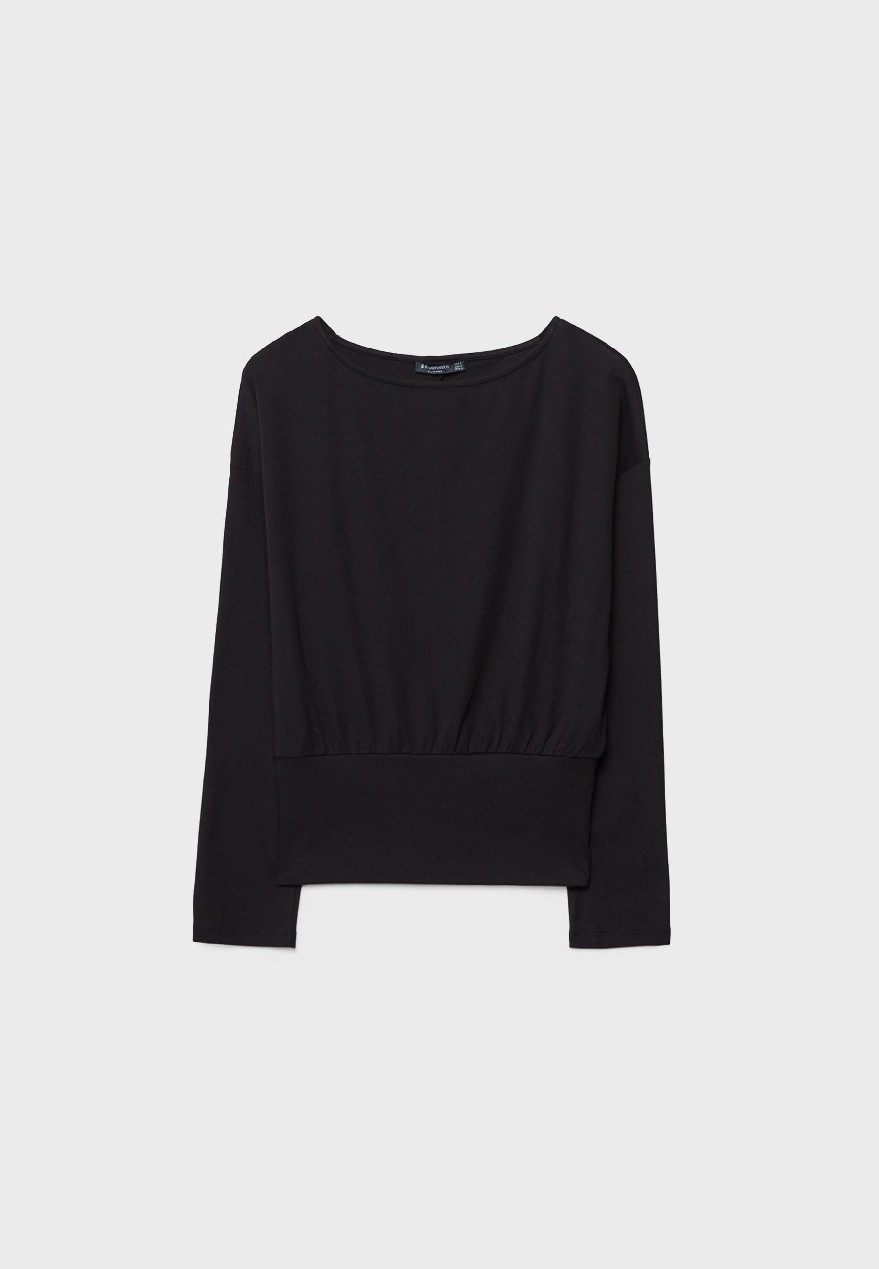 Boat neck long sleeve T-shirt with cummerbund hem — Black