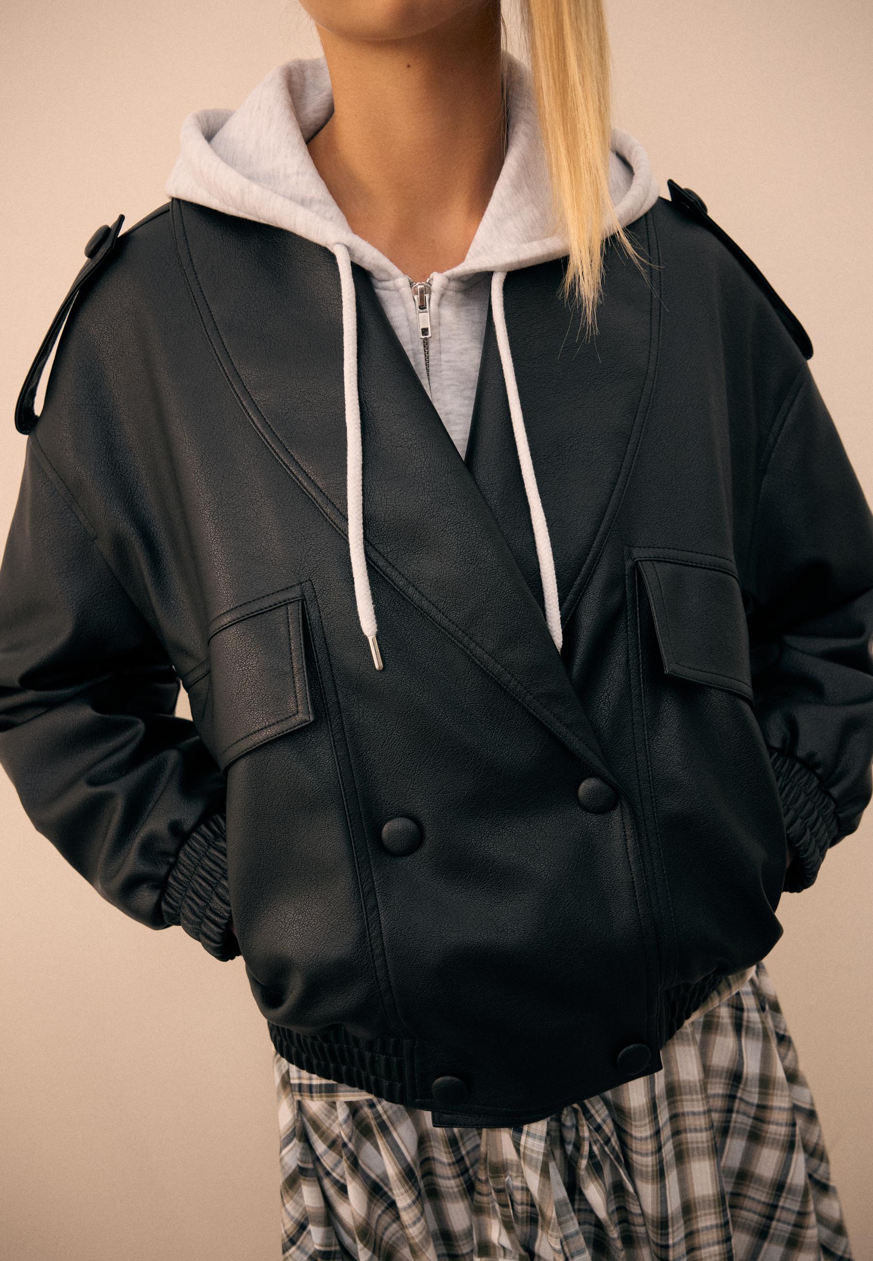 Quilted leather effect boxy jacket — Black
