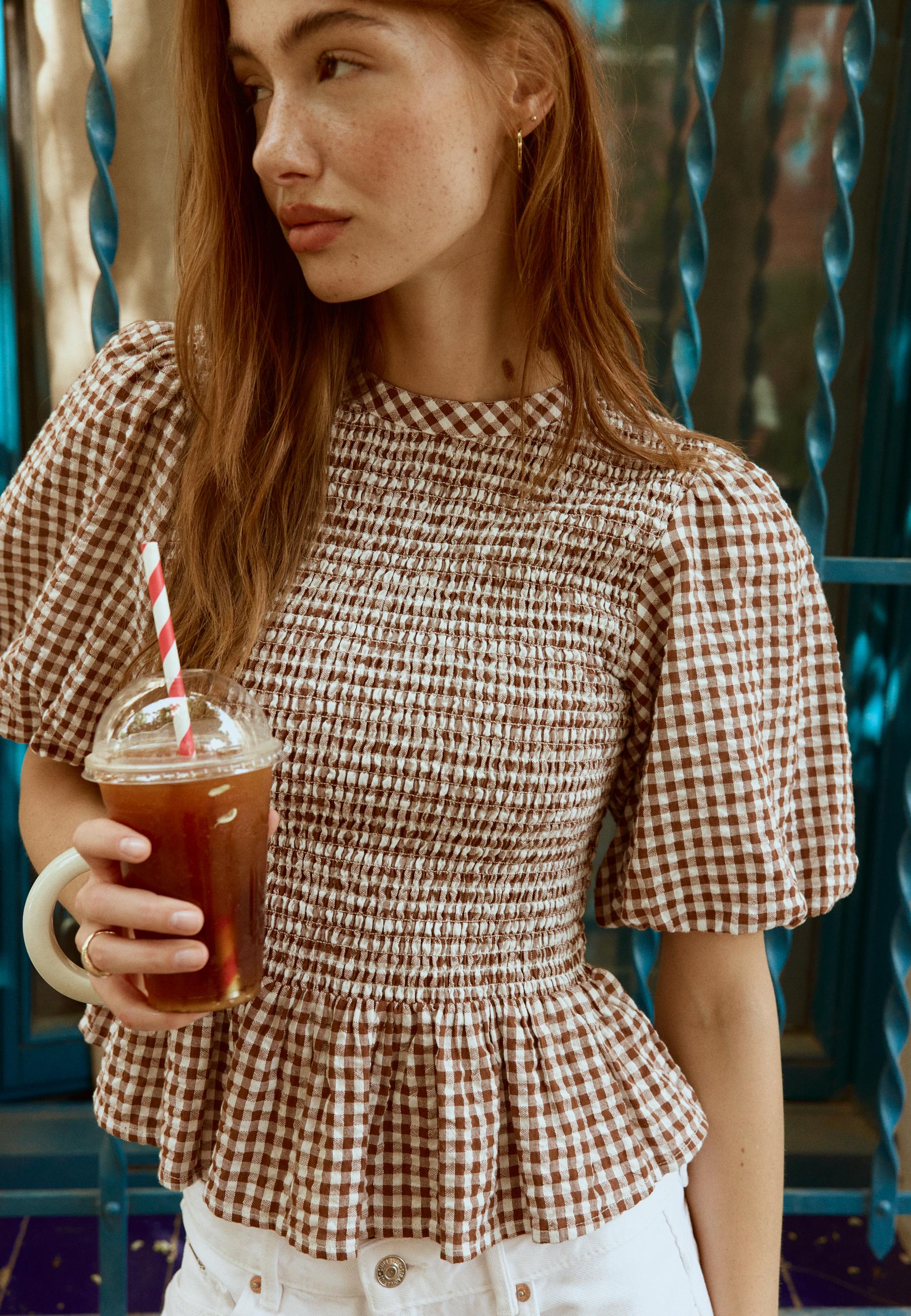 Short sleeve peplum blouse — Brown