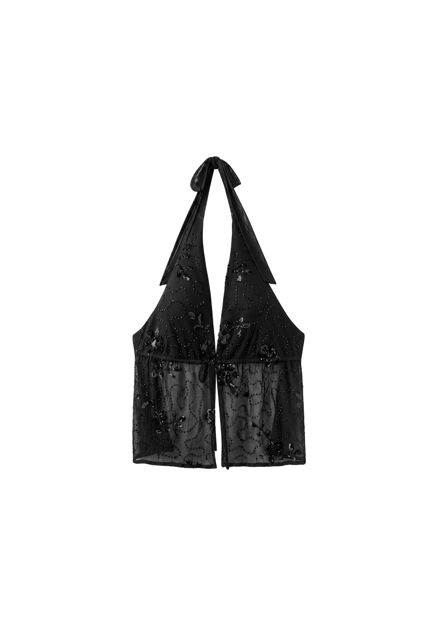 Embroidered halter top with rhinestones — Black