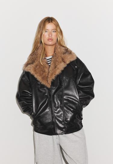 Leather effect jacket with fur collar — Black 3