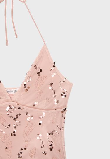 Rhinestones embroidered halter top — Salmon pink 9