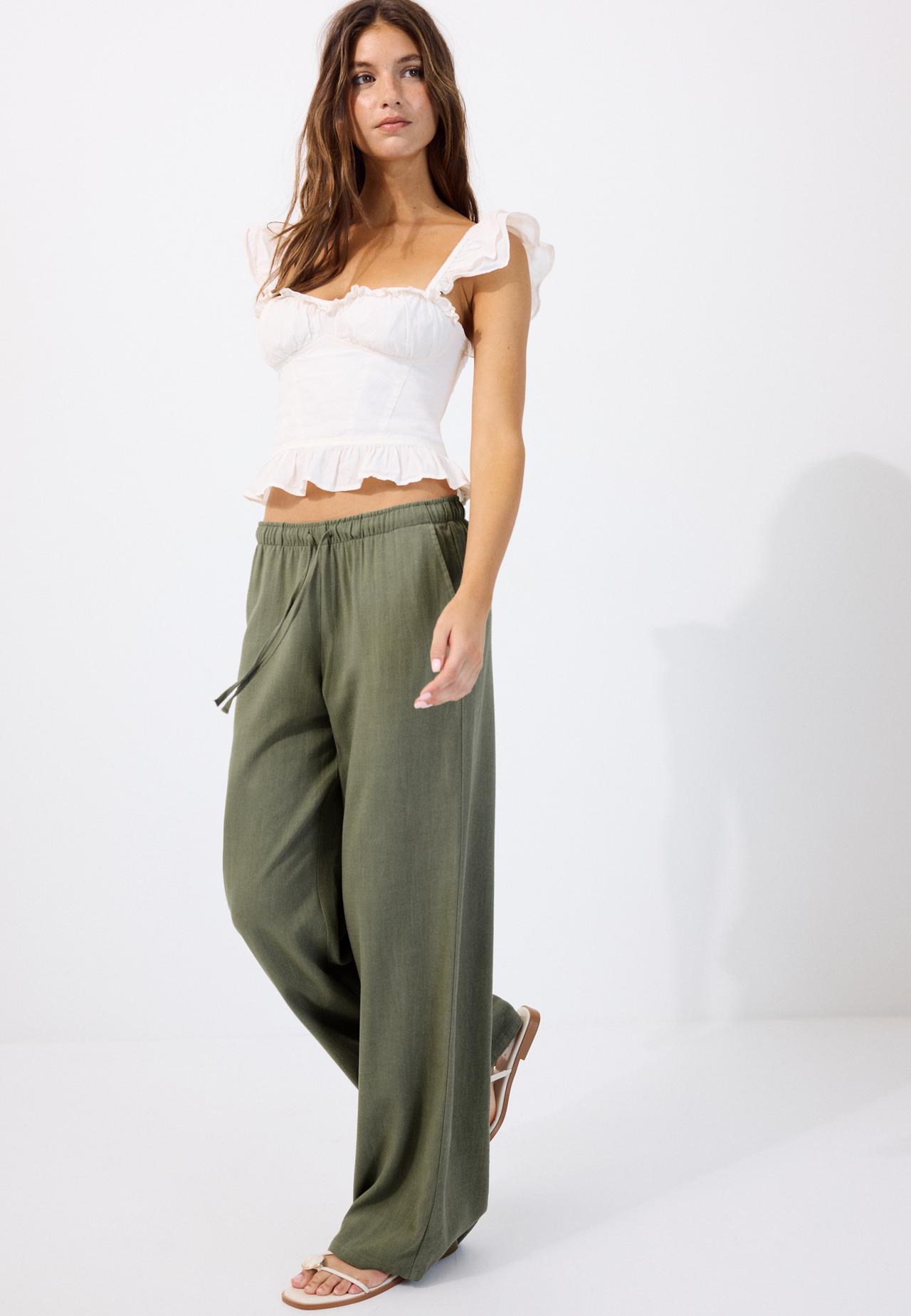 Straight-leg linen-effect trousers — Khaki