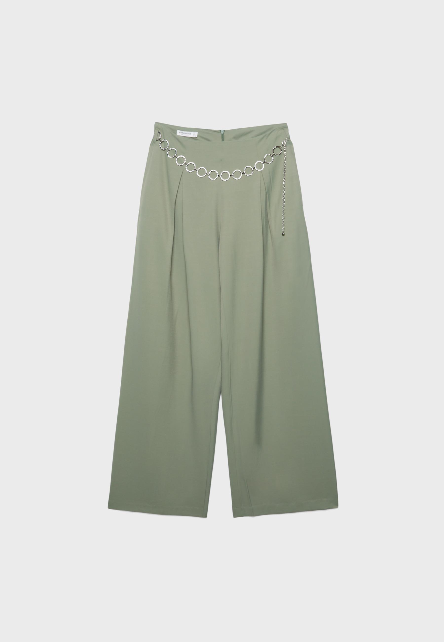 Satin darted trousers with chain belt — Khaki