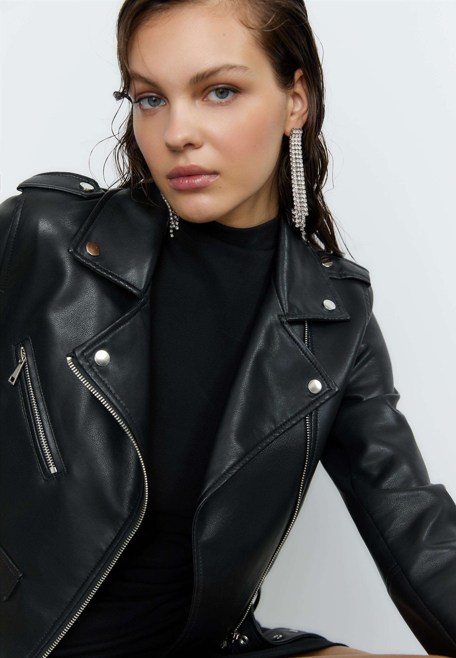 Basic leather effect belted jacket — Black