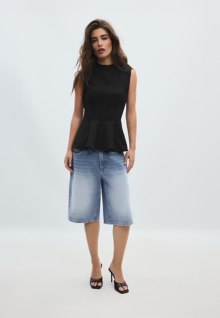 Stradivarius Top Bez Rukava S Visokim Ovratnikom I Peplumom Black L