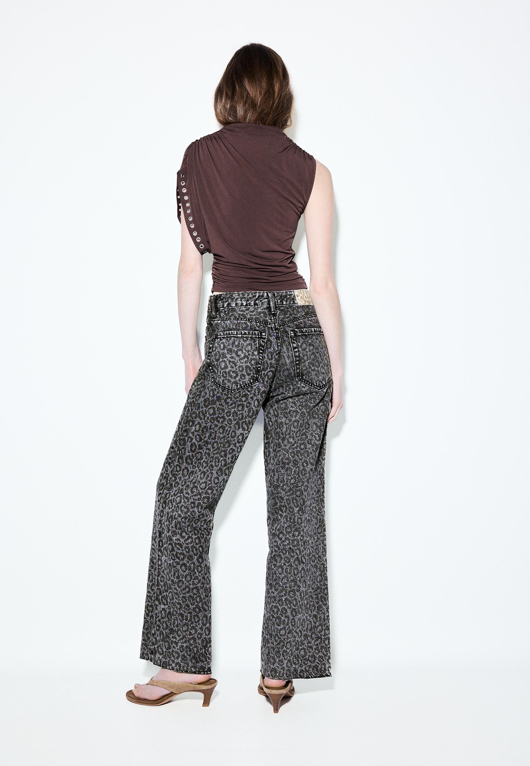 Straight wide-leg leopard print jeans - Women's fashion
