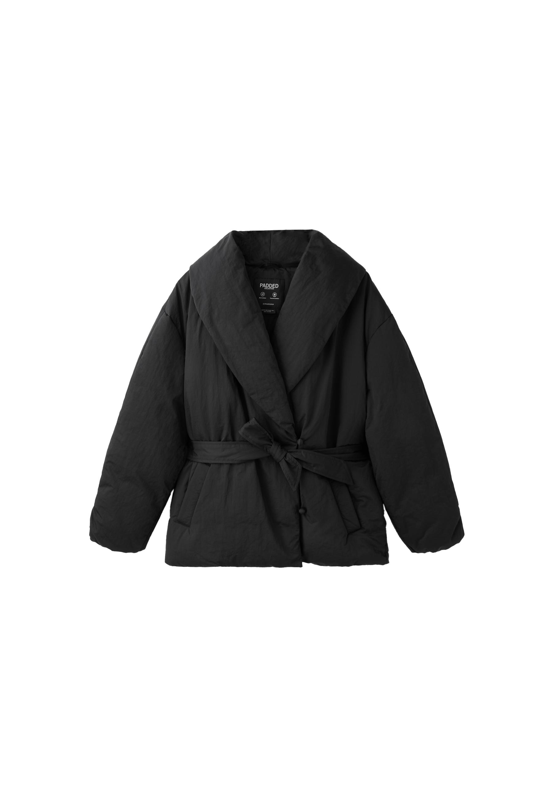 Padded jacket with shawl neck and belt — Black