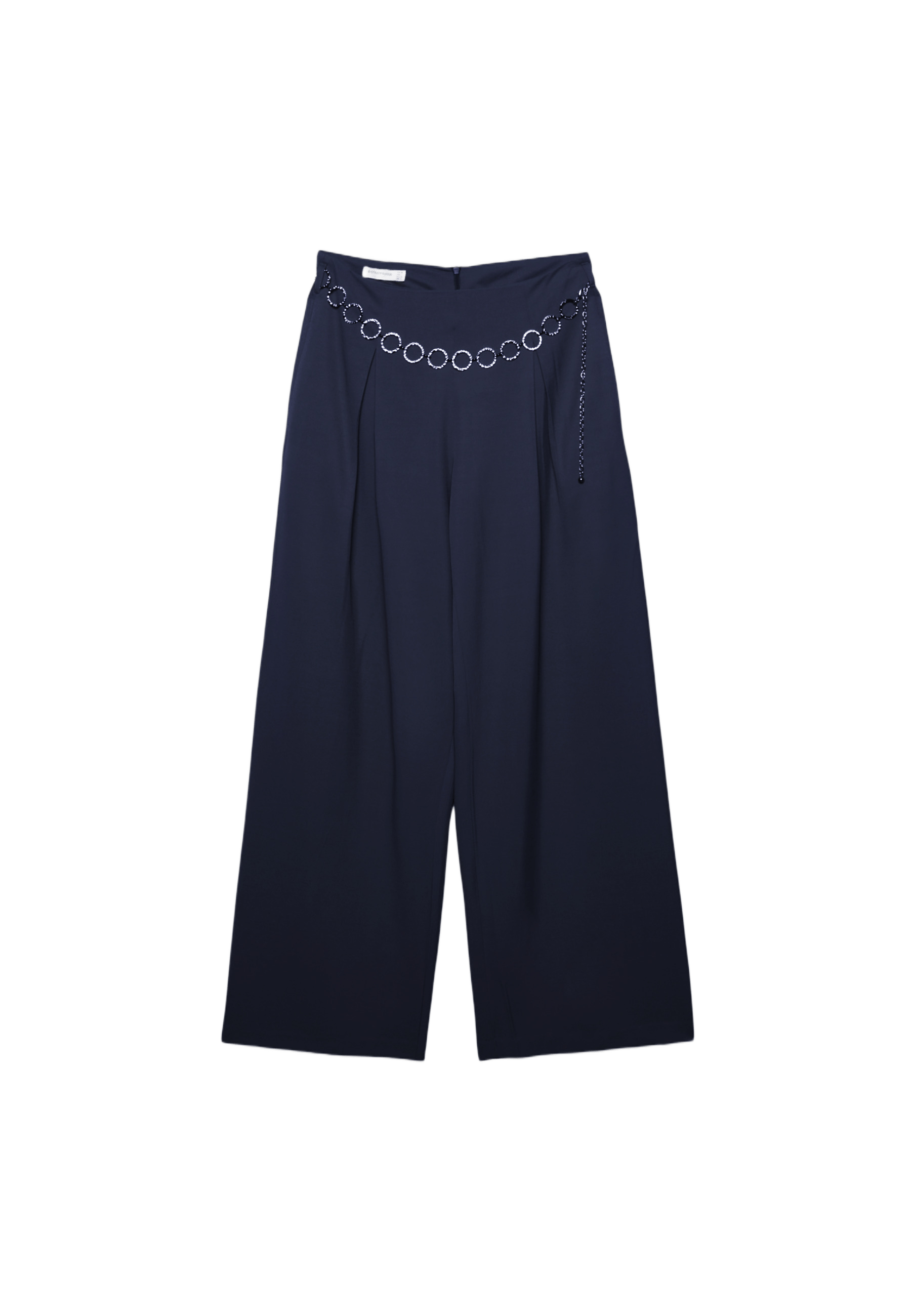 Satin darted trousers with chain belt — Navy blue