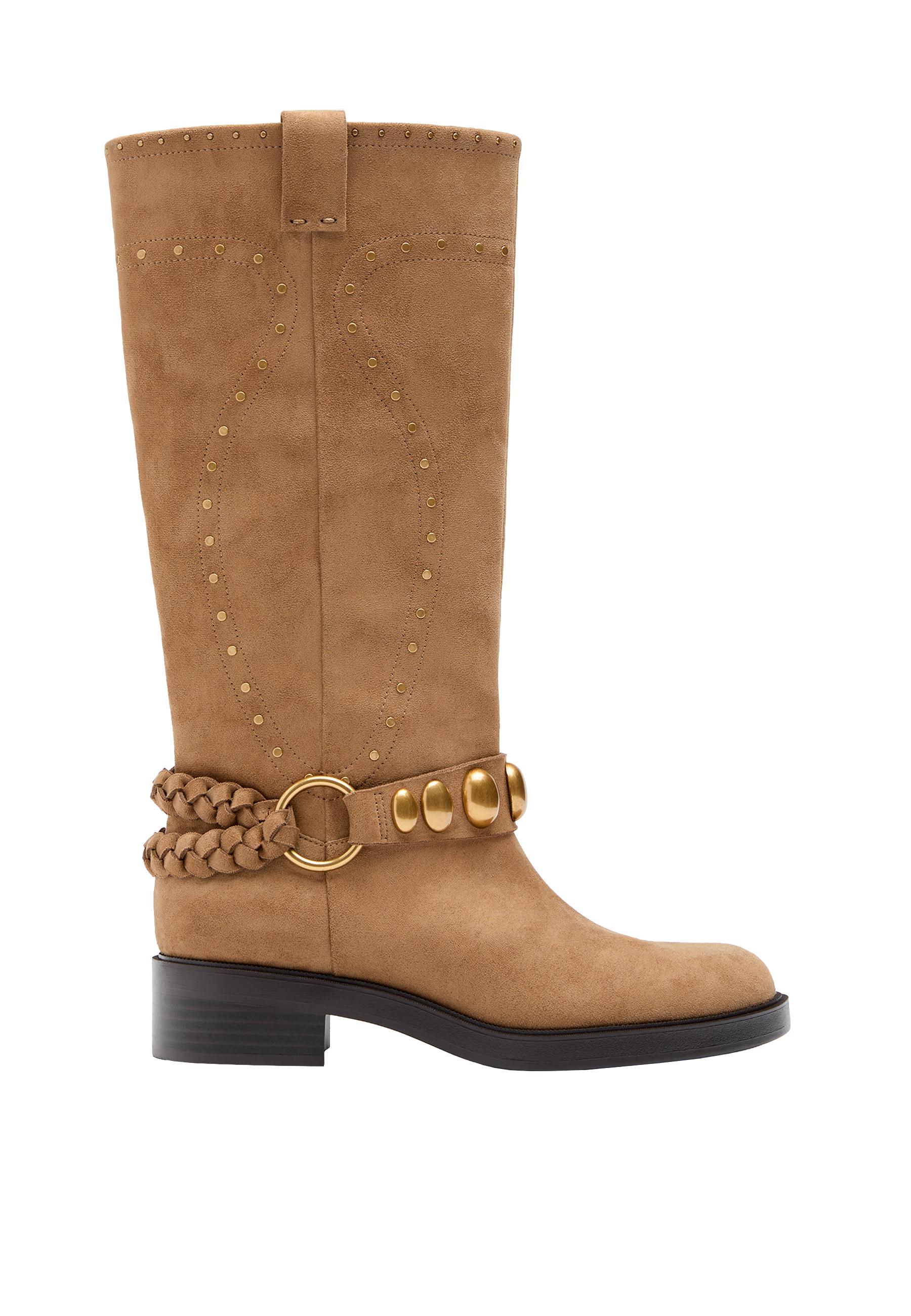 Flat leather effect biker boots — BEIGE