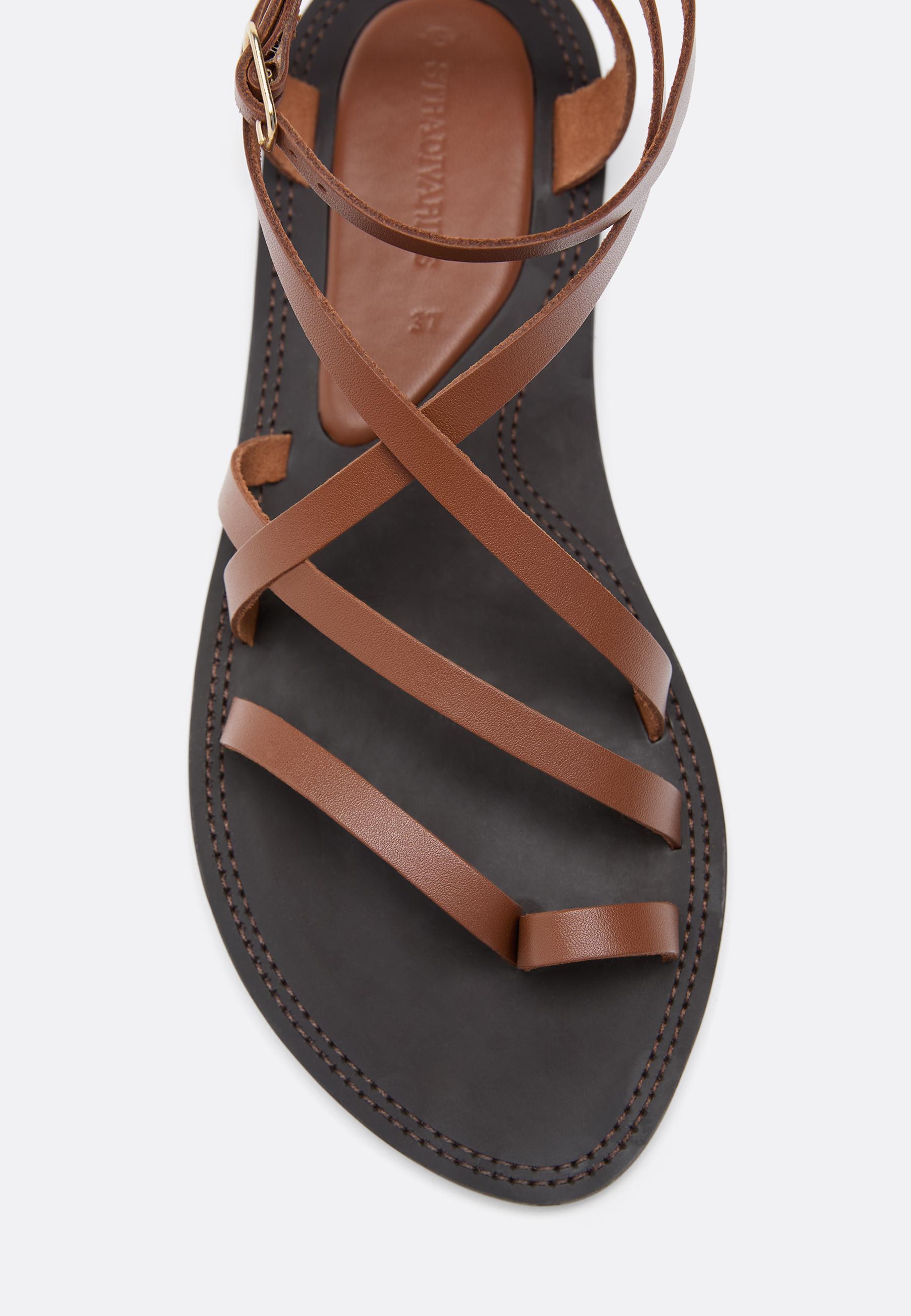 Flat leather tie-up sandals — BROWN