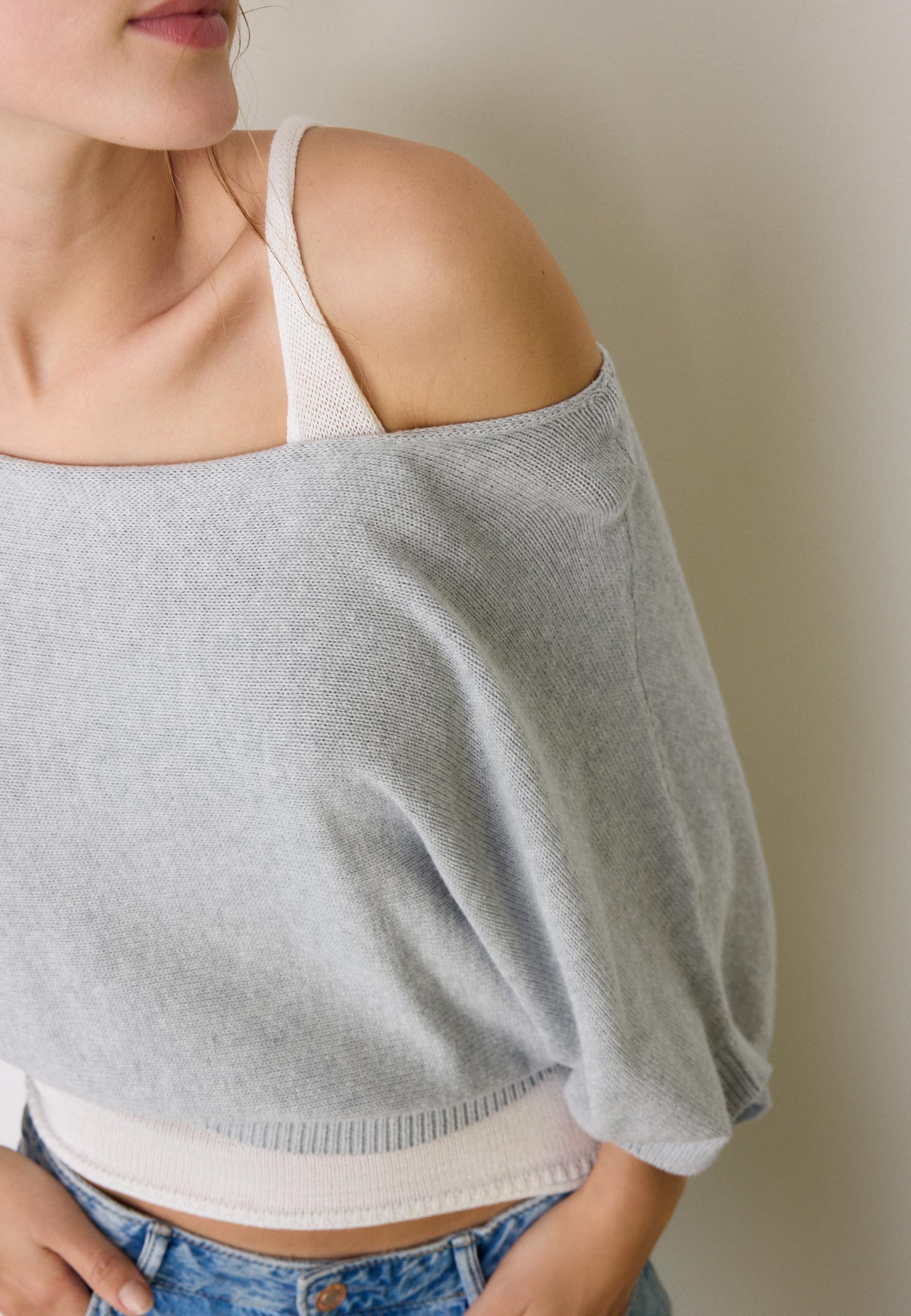 Boat neck knit jumper with overlay — Grey melange