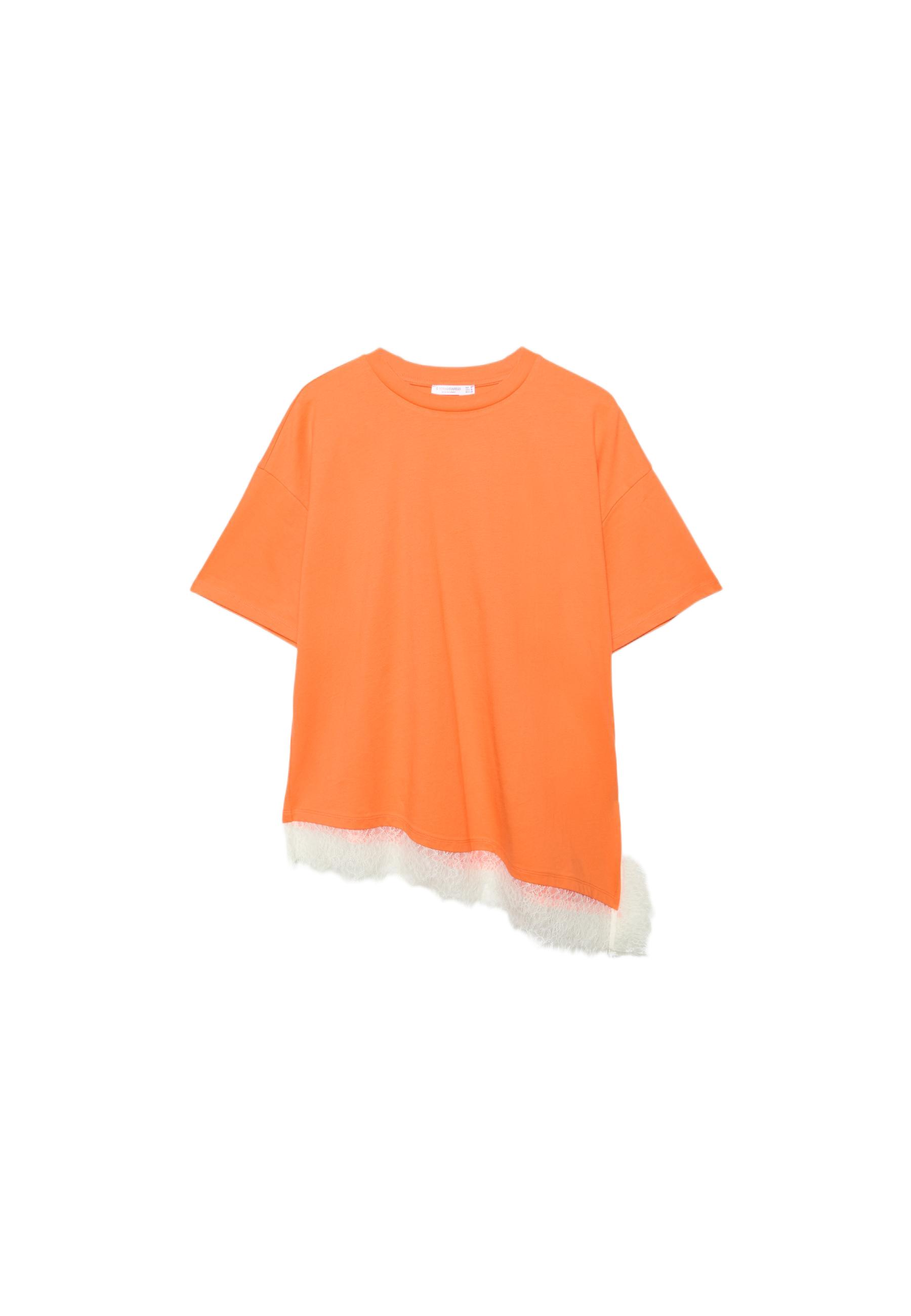 Lace hem short sleeve T-shirt — Orange