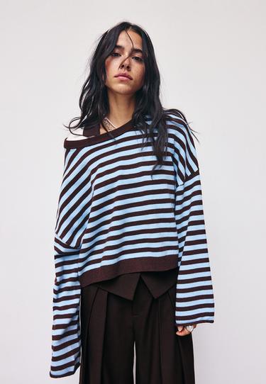 Cropped wide sleeve knit jumper — Brown 1