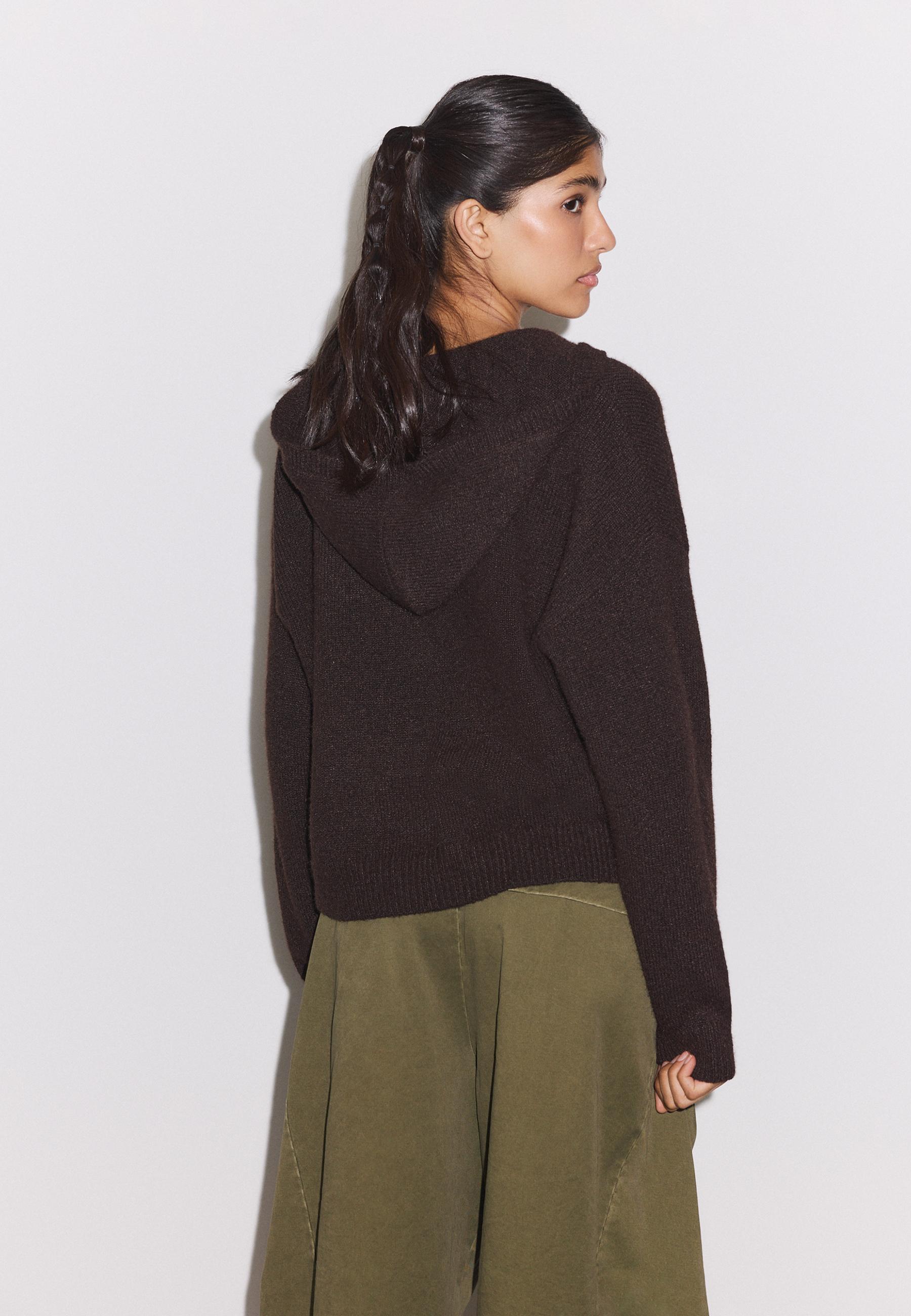 Zipped hooded knit cardigan — Brown