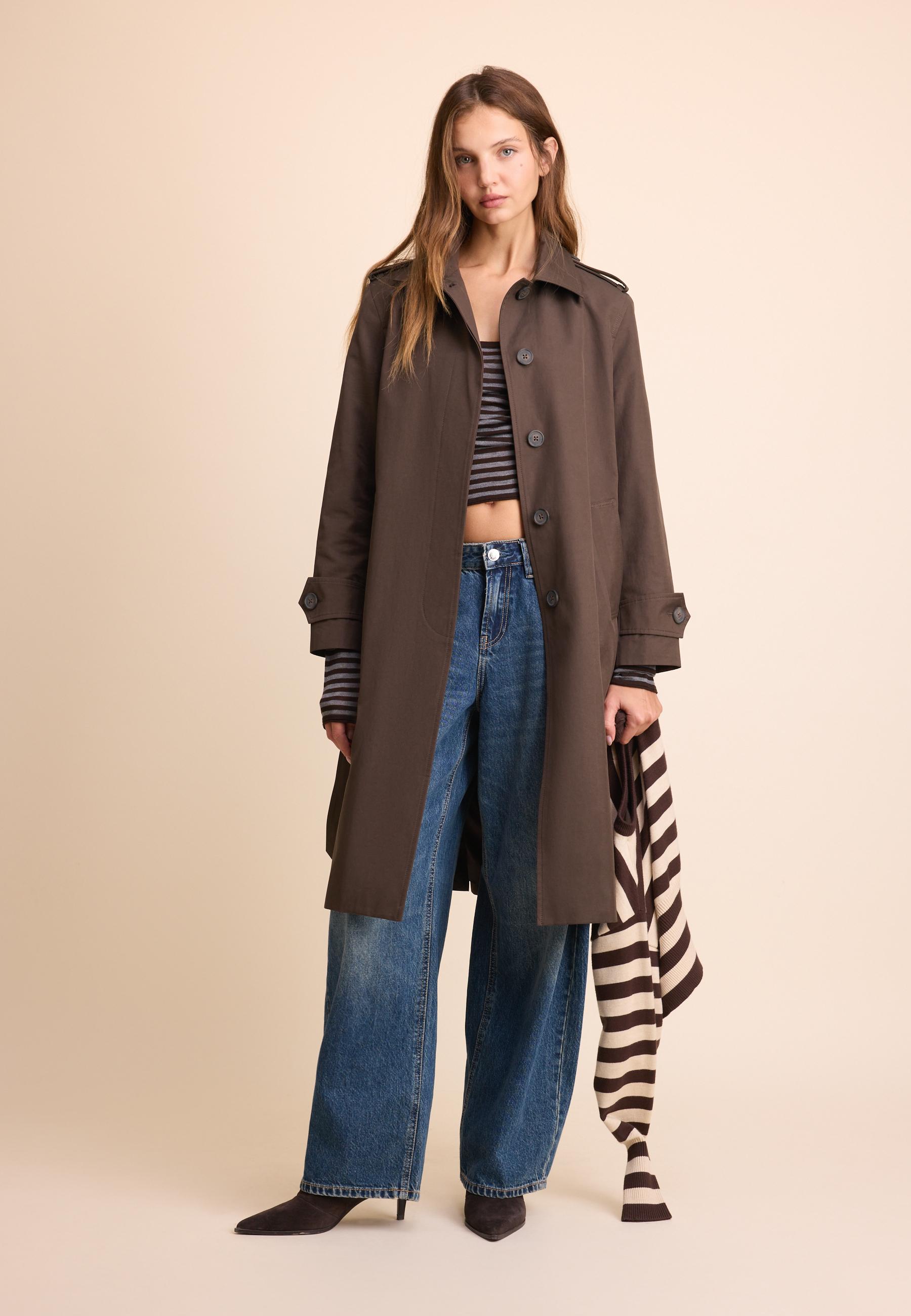 Stradivarius Μακρύ Trench Με Απλή Σειρά Κουμπιών Καφέ S