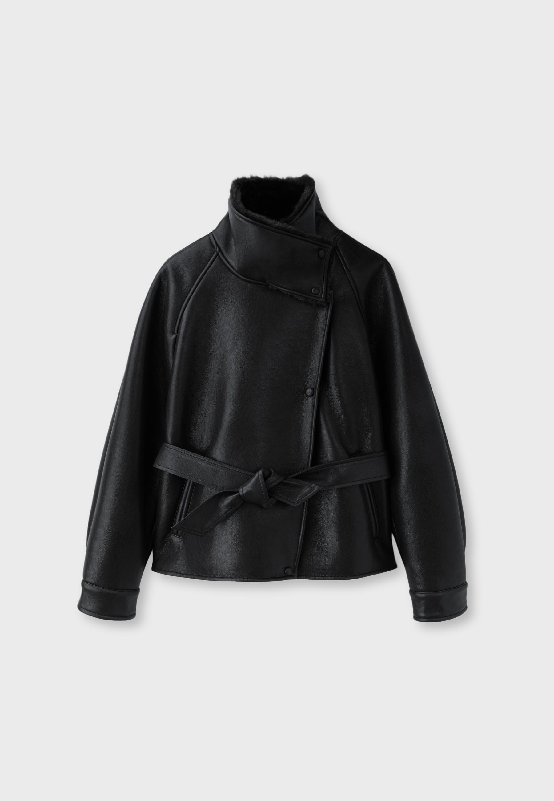 Leather effect double-faced high neck jacket — Black