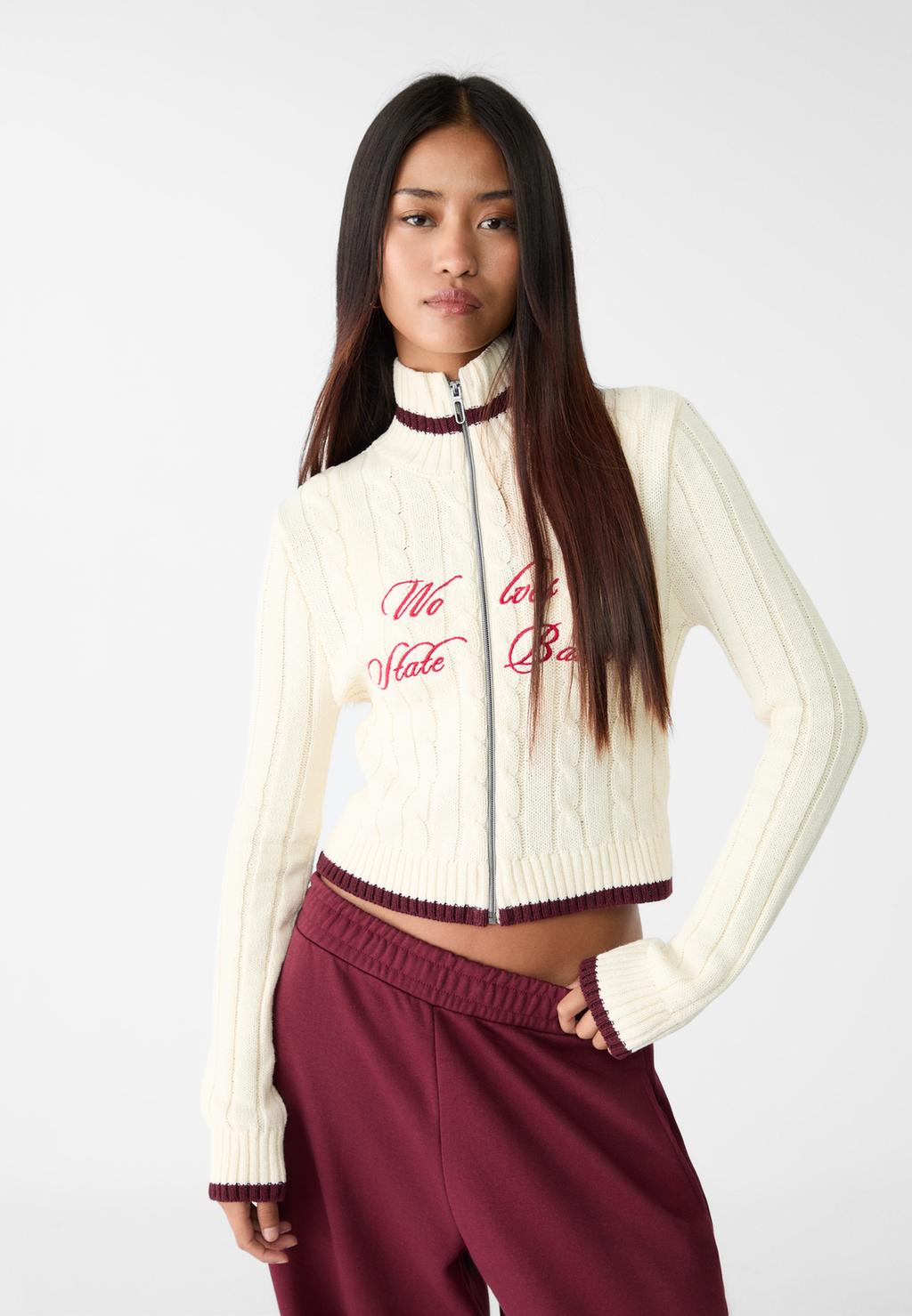 Embroidered cable-knit cardigan