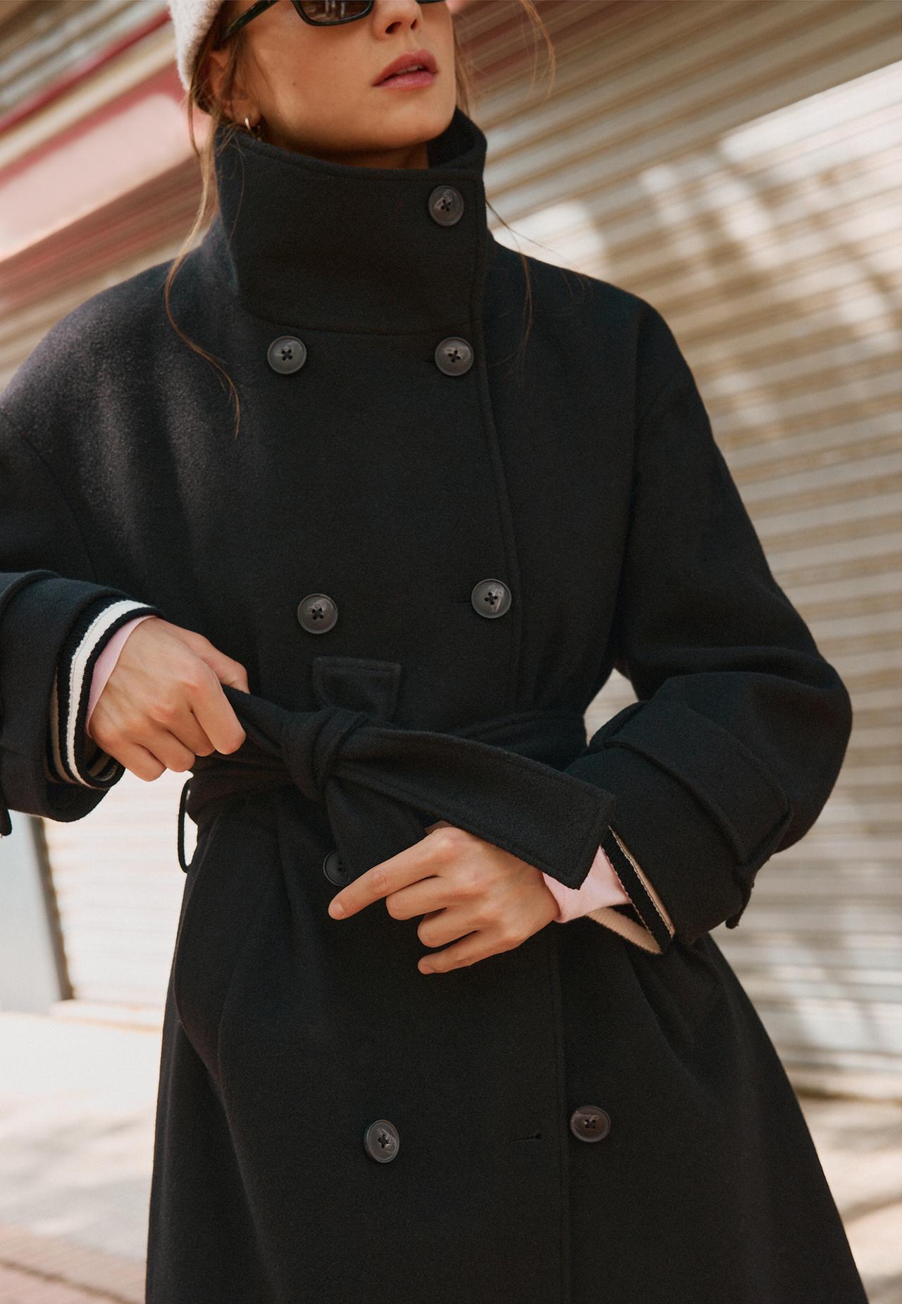 Soft-touch high neck long coat — Black