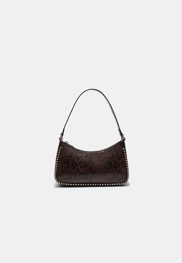 leather effect animal print beaded shoulder bag
