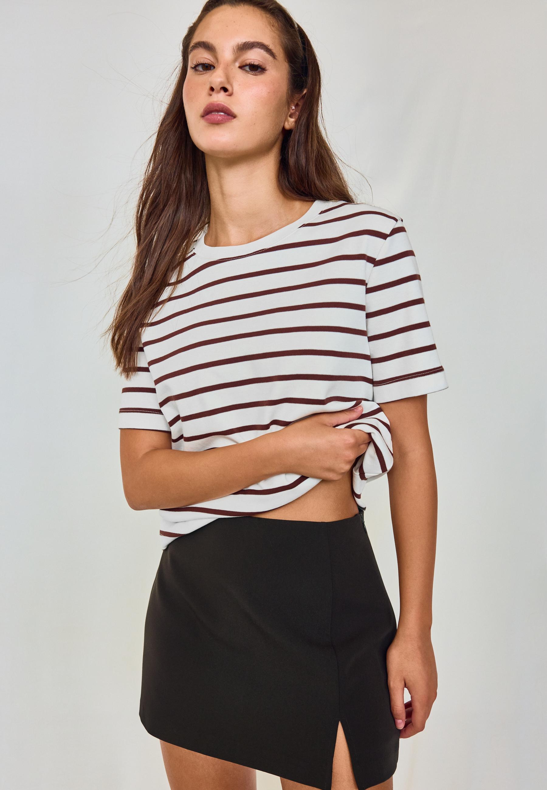 Stradivarius B01 Βασική Μπλούζα Regular Fit Heavy Weight Καφέ M