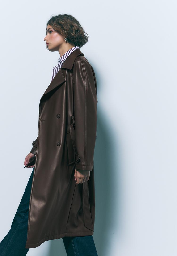 lange trenchcoat met leereffect