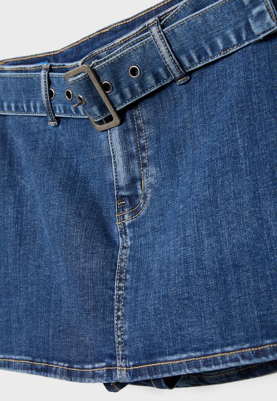 Kemerli denim şort etek - Görsel 10