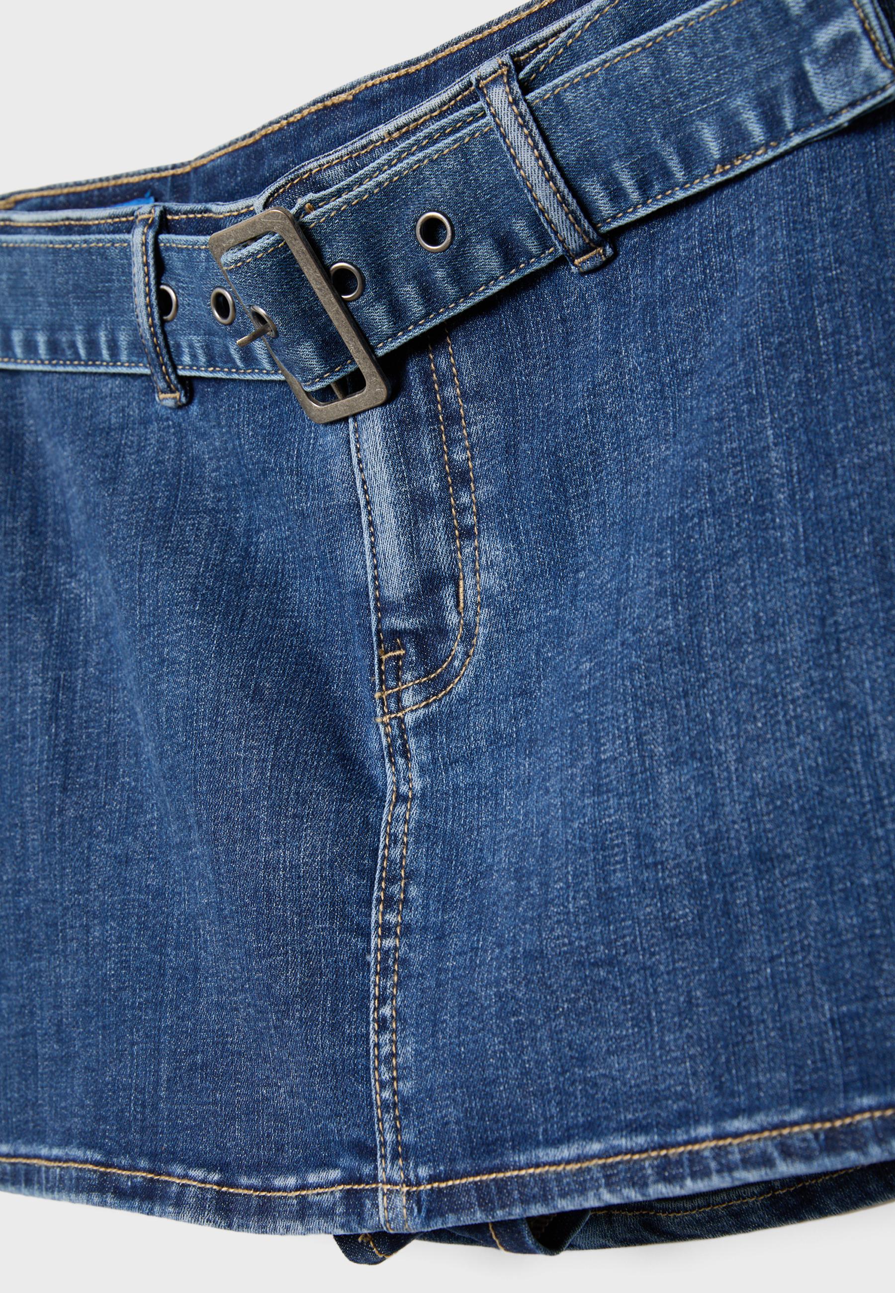 Denim skort with belt — MEDIUM DENIM WASH