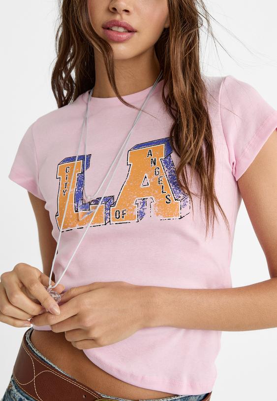 Stradivarius T-Shirt Mit La-Aufdruck Kaugummirosa S
