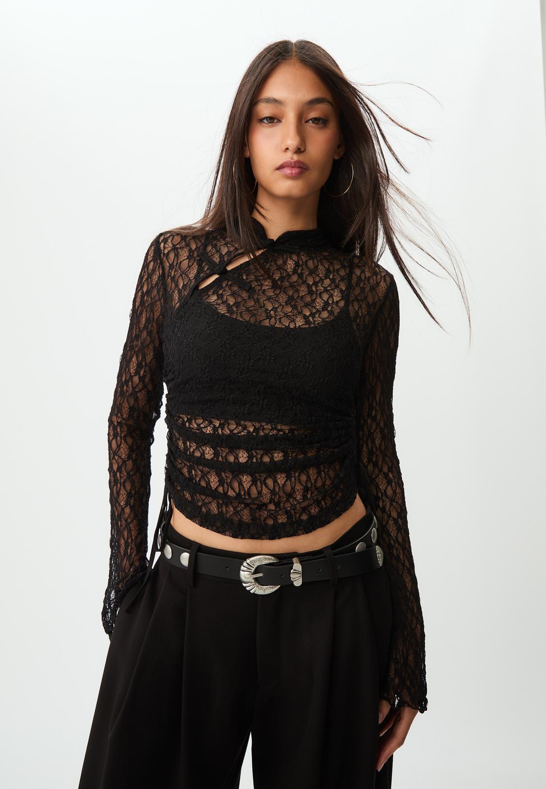 Transparent Crop Top Femme Dentelle Transparent Lace Tee Shirt