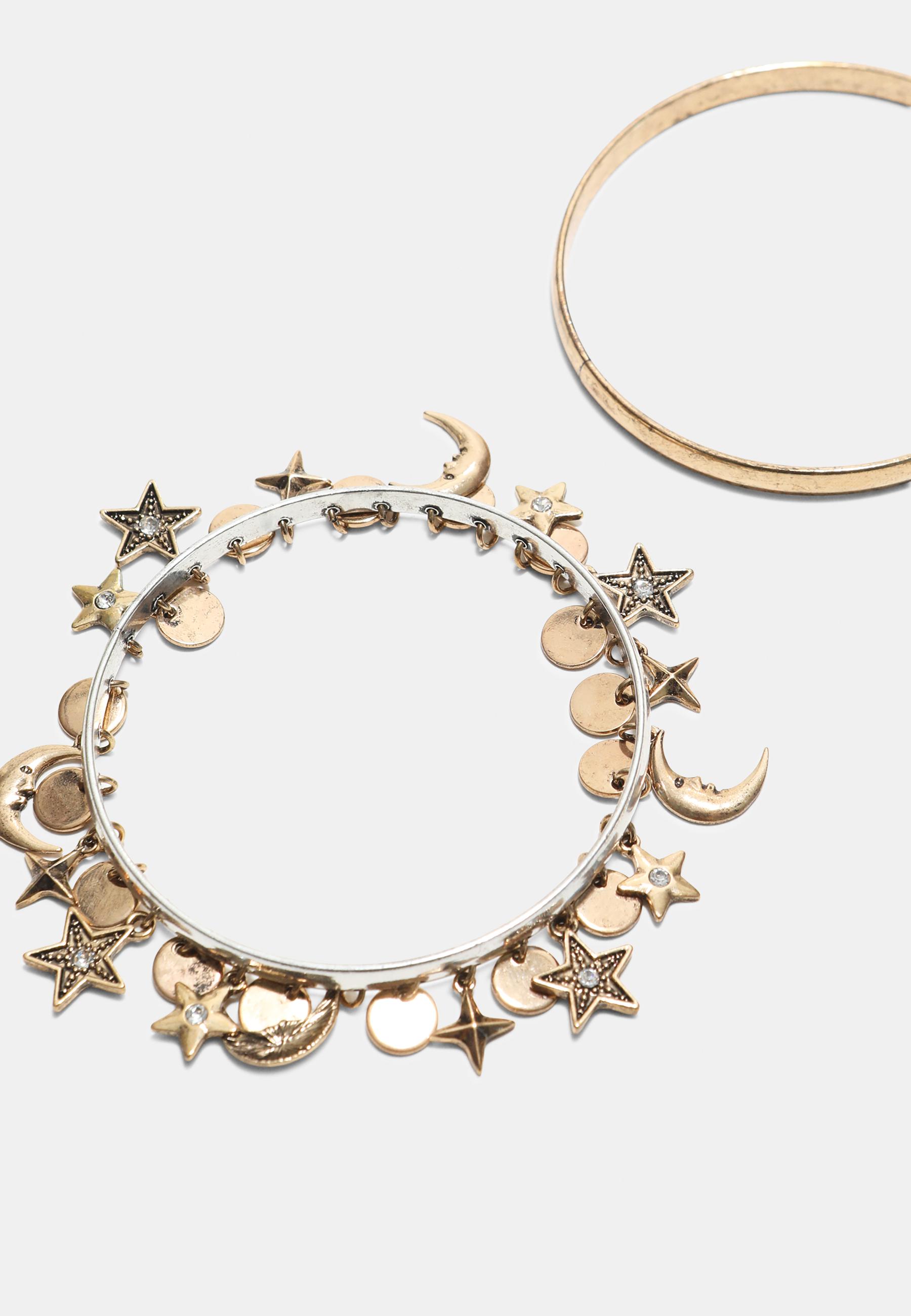 Set of 2 moon and star multi-charm bracelets — Gold