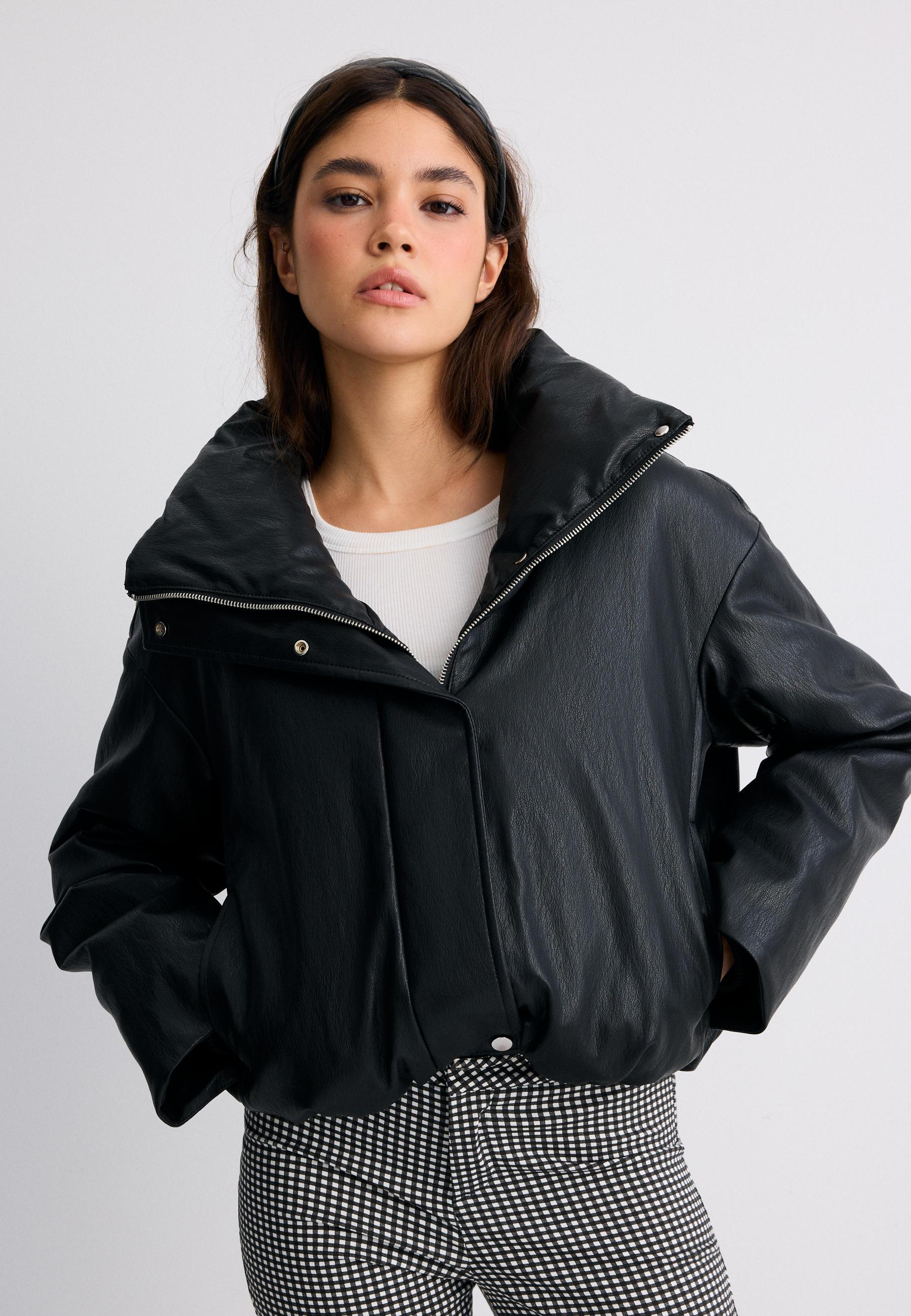 Leather effect high neck puffer jacket — Black