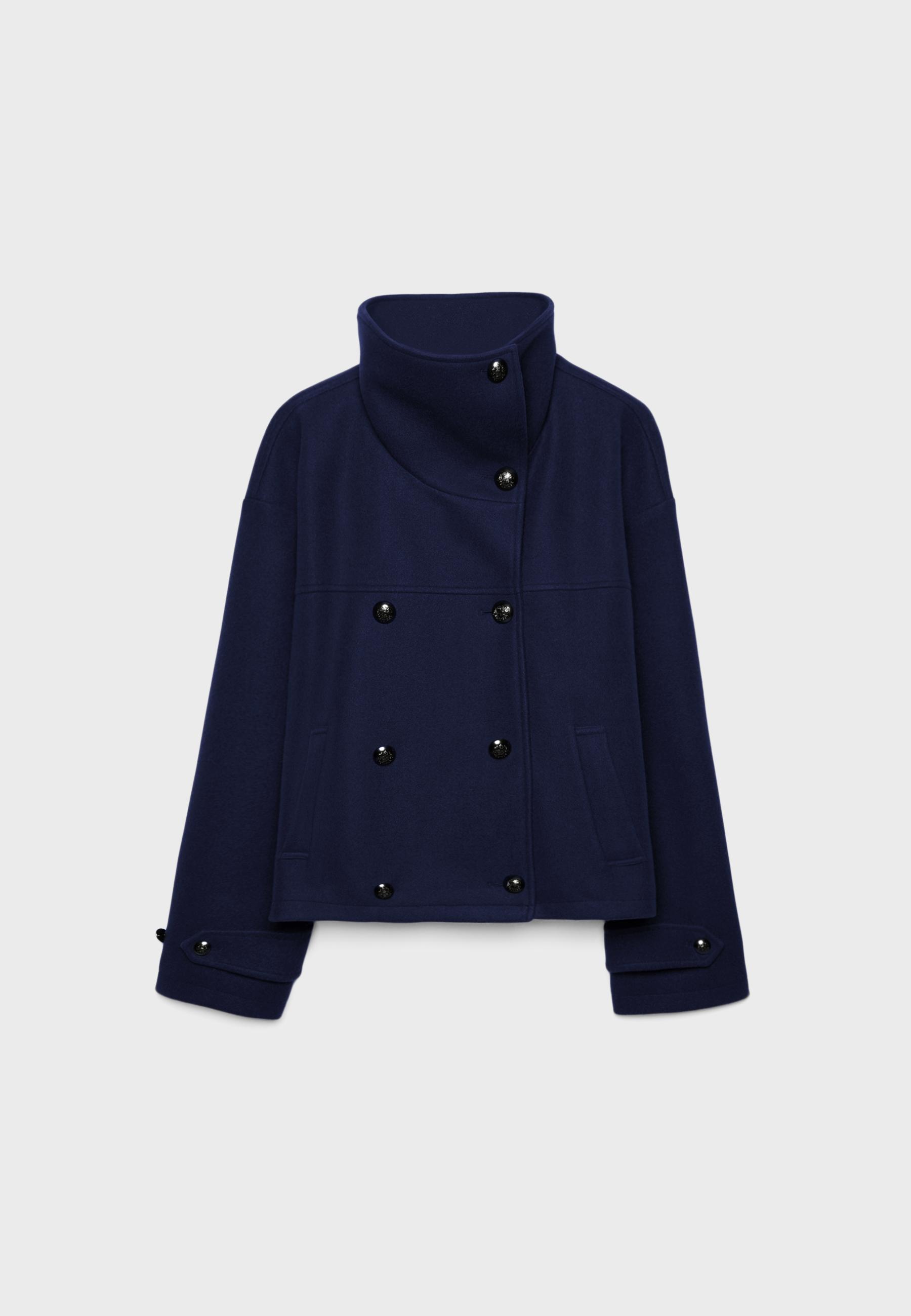 Soft-touch crossover high neck jacket — Navy blue