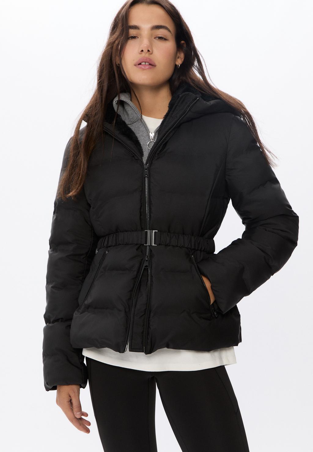 Hooded puffer jacket with belt