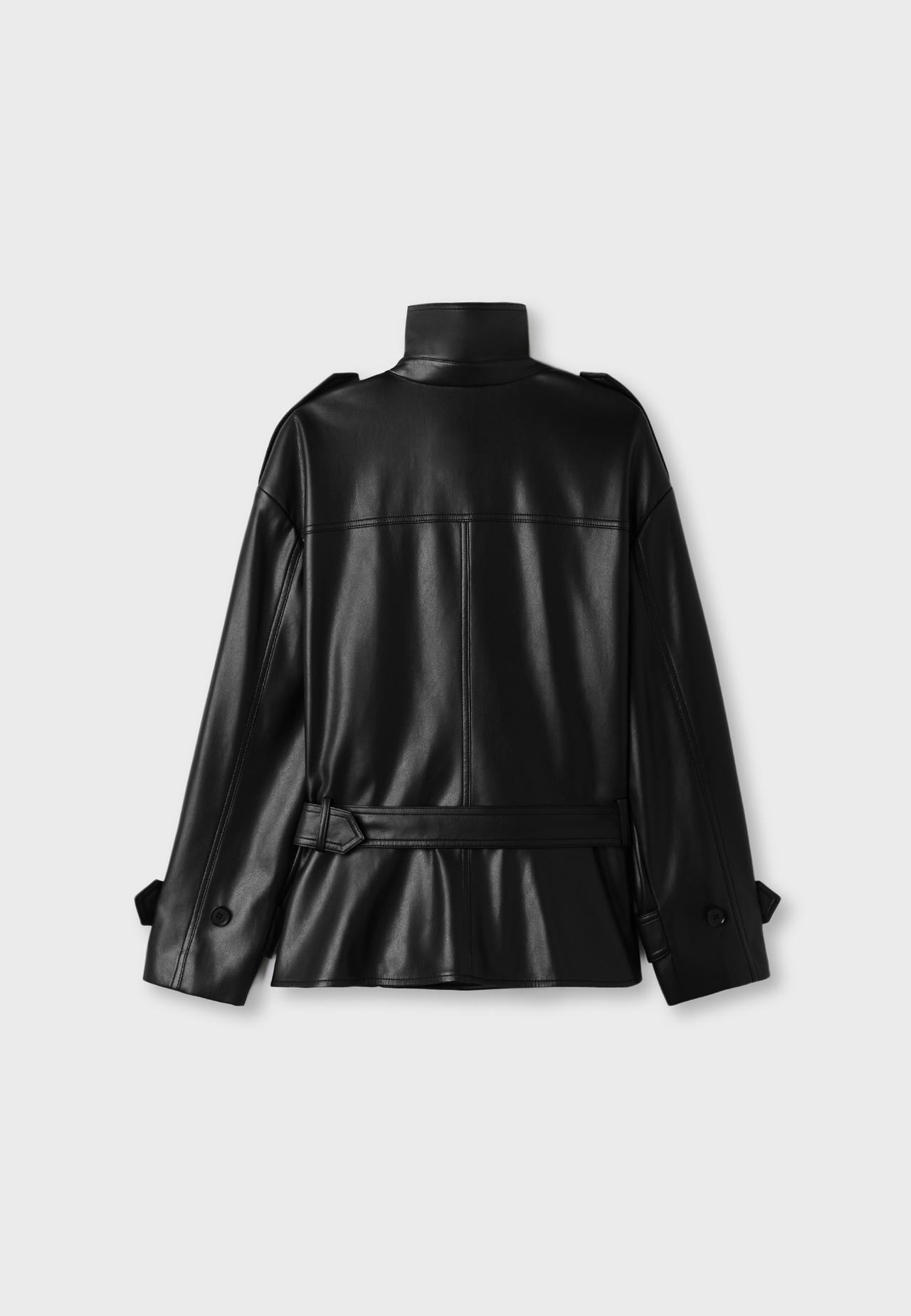 Fitted leather effect trench coat — Black