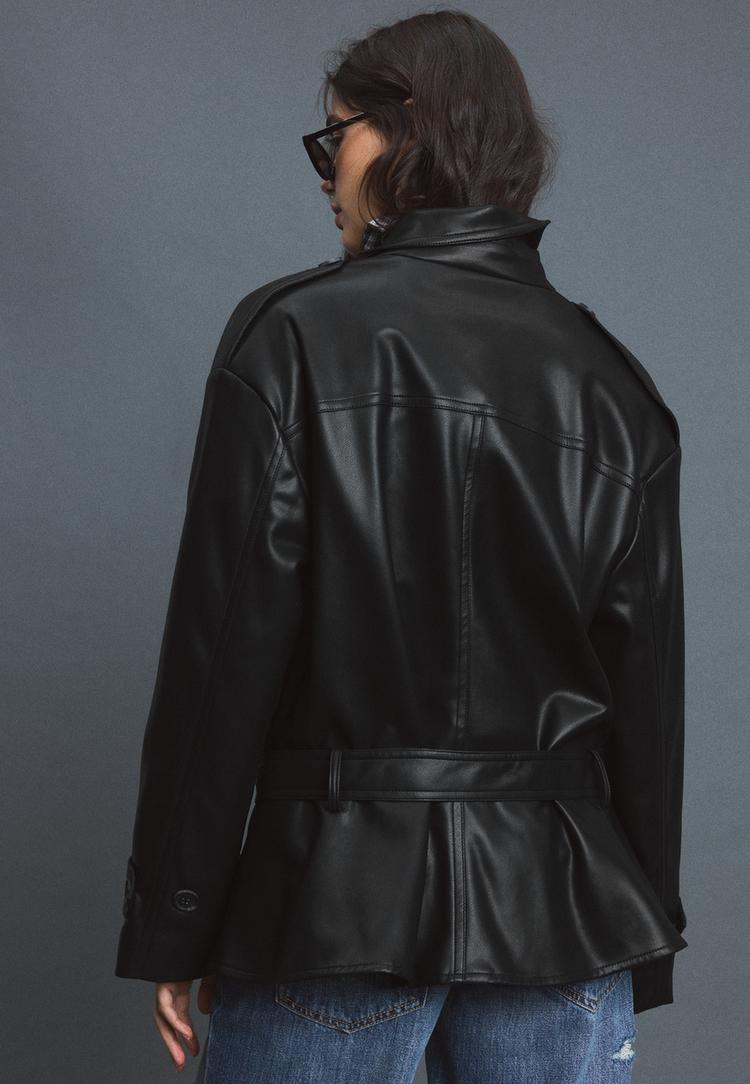  Stradivarius Tailored Καμπαρντίνα Με Όψη Δέρματος Μαύρο M - 3