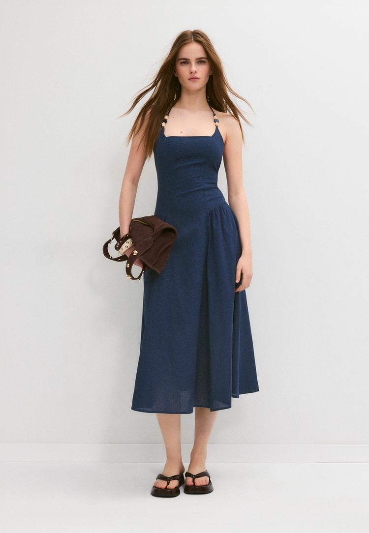 Stradivarius Μίντι Φόρεμα Halter Με Λεπτομέρεια Από Χάντρες Navy Blue M