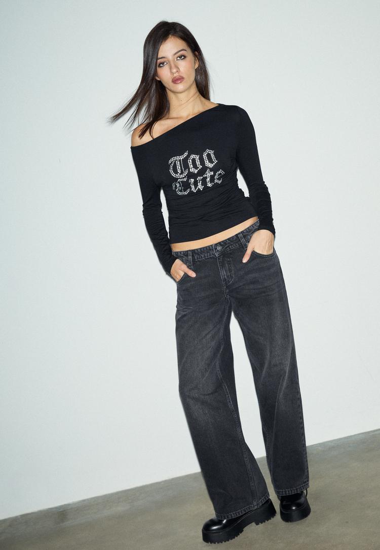 Stradivarius Ασύμμετρη Μπλούζα Με Στάμπα Μαύρο L