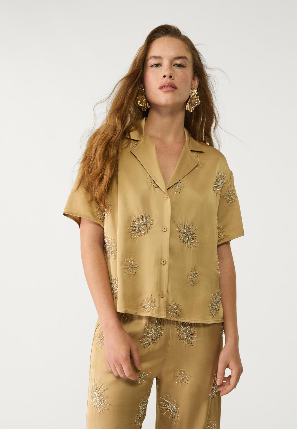 Embroidered satin shirt