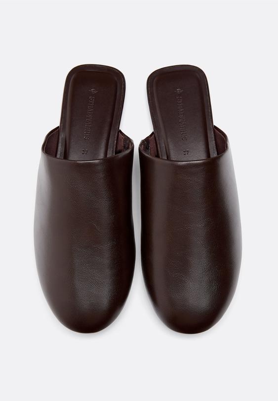 Stradivarius Leather Effect Slippers Brown 3