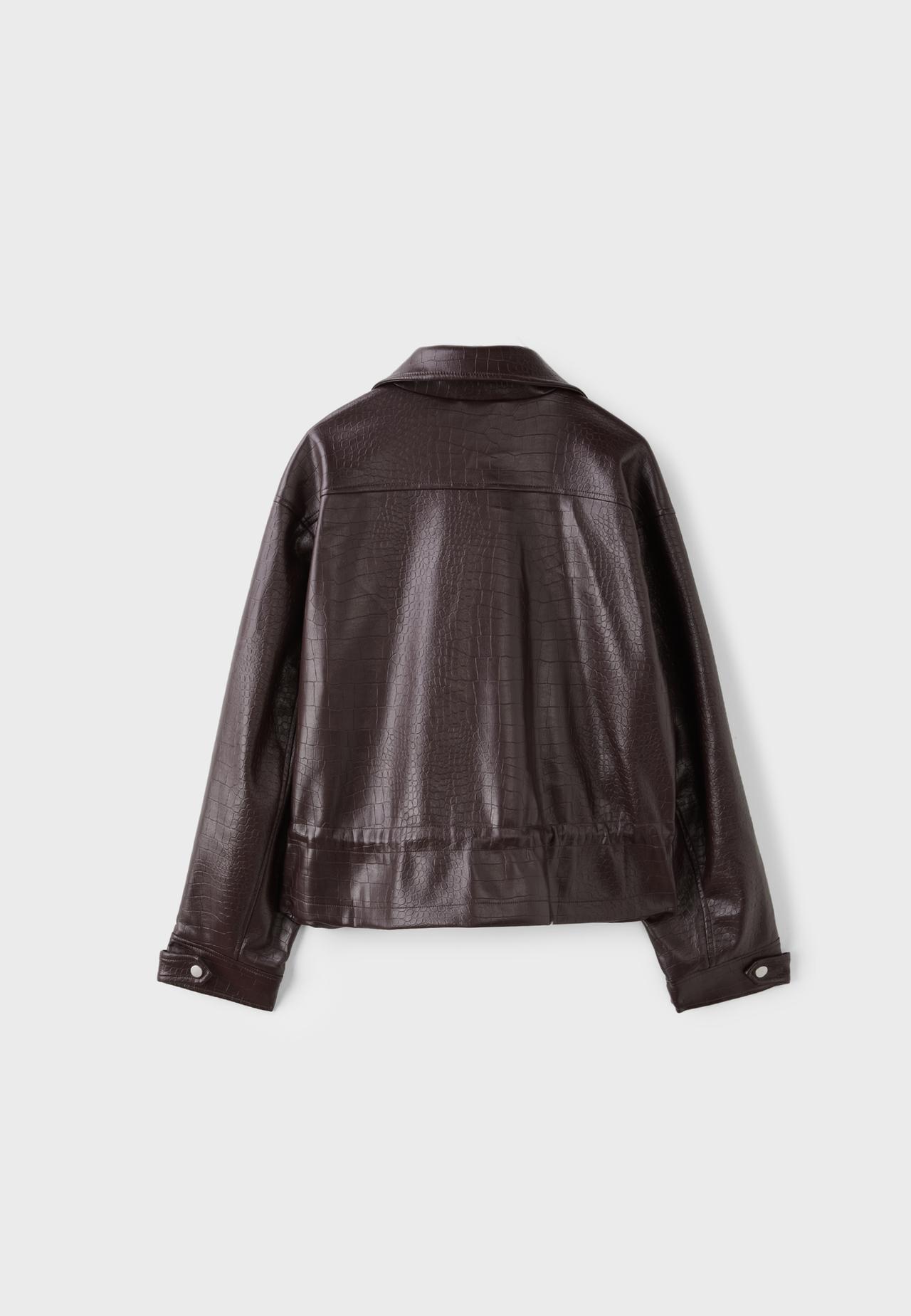 Cropped leather effect croc-embossed jacket — Brown