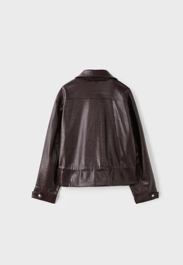 Cropped leather effect croc-embossed jacket — Brown 8